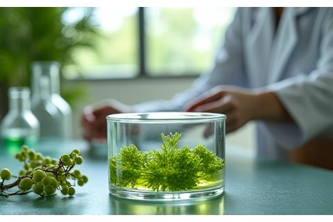 Scientist in lab coat examining plant extracts, symbolizing natural compound research