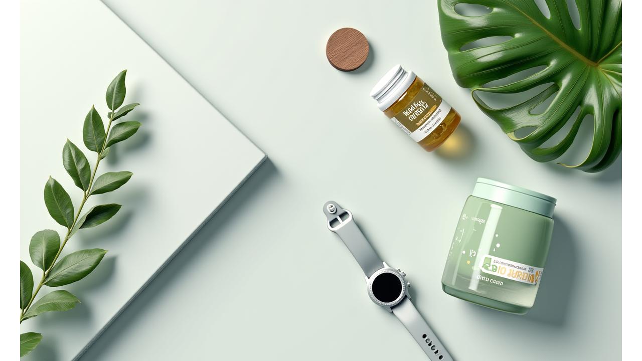A diverse collection of wellness products including supplements, a smartwatch, and aromatherapy diffuser, meticulously arranged on a clean, modern surface, bathed in soft, natural light, emphasizing natural health and technology fusion for adults over 35.