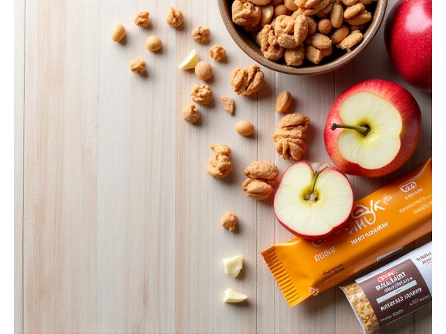 An artful display of healthy, portion-controlled snacks like nut mixes, fruit crisps, and whole-grain bars, indicating smart choices for sustained energy.