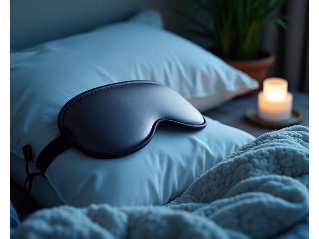A luxurious silk sleep mask, a melatonin supplement bottle, and perhaps a weighted blanket corner, suggesting deep, restorative sleep.