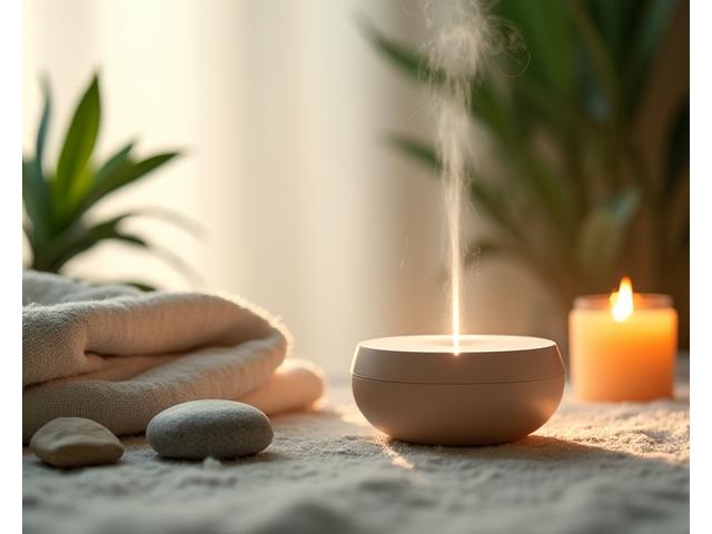 A serene image of an aromatherapy diffuser with essential oils, soft lighting, and perhaps a comfortable blanket, invoking relaxation and peace.