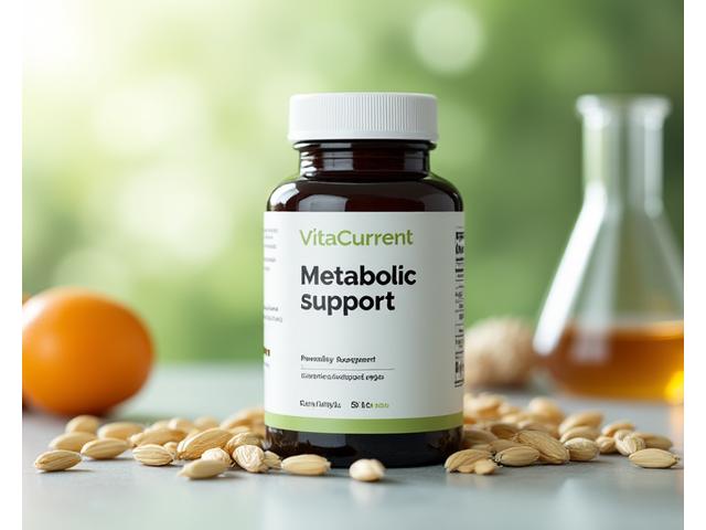 Bottle of high-quality Omega-3 fish oil supplements with blurred background of healthy food.