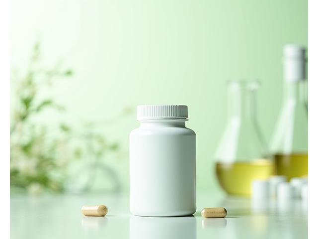 Bottle of high-potency probiotic capsules with a focus on gut health, on a light analytical background.