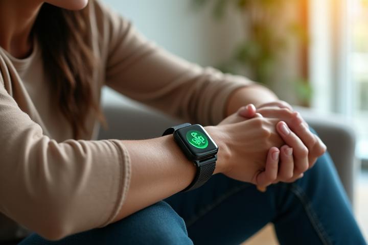 A sleek smartwatch displaying health metrics like heart rate and steps, paired with a user looking engaged and healthy, against a clean, bright background.