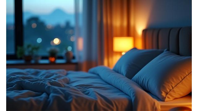 A serene bedroom scene with soft lighting and a prepared bed, symbolizing a peaceful environment conducive to restful sleep.