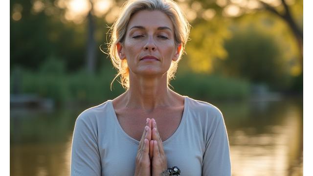 A person practicing mindfulness outdoors, with a calm expression, illustrating mental well-being and connection with nature.