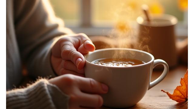 A person meditatively holding a cup of herbal tea with autumn leaves in the foreground, representing stress reduction and natural remedies.