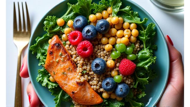 A vibrant plate of nutrient-rich food like leafy greens, colorful berries, and lean protein, emphasizing balanced nutrition for metabolic health.