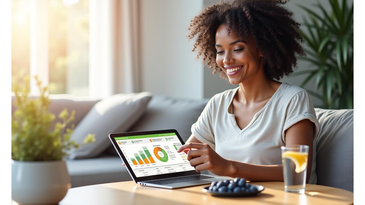 Woman happily engaging with a personalized digital wellness plan on a tablet, surrounded by healthy living elements like fruit and athletic wear.