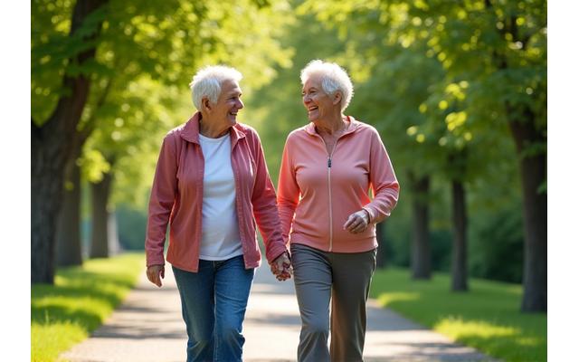 Vibrant, healthy senior couple enjoying a walk outdoors, symbolizing healthy aging and longevity.