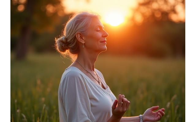 Serene woman meditating, representing mental wellness and mindfulness.