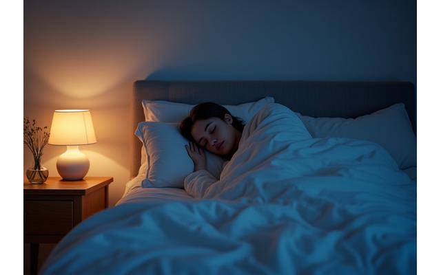 Person sleeping peacefully in a comfortable, dark bedroom, illustrating deep sleep optimization.