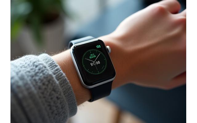 Person reviewing health data on a smartwatch, showing integration of wearable technology for wellness tracking.