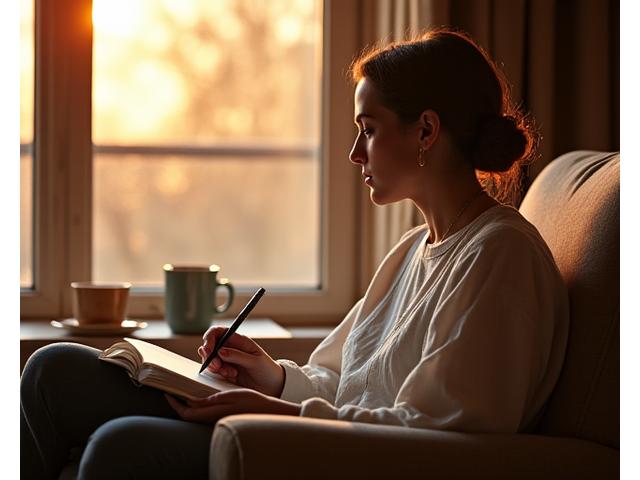 Person journaling with a calm, reflective expression, surrounded by warm, inviting light.
