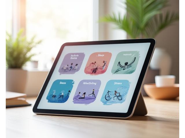 Collection of digital lifestyle upgrade guides on a tablet, showcasing sleep, stress, and movement topics.