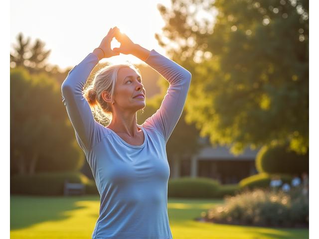 Person engaging in gentle stretching outdoors, surrounded by nature.