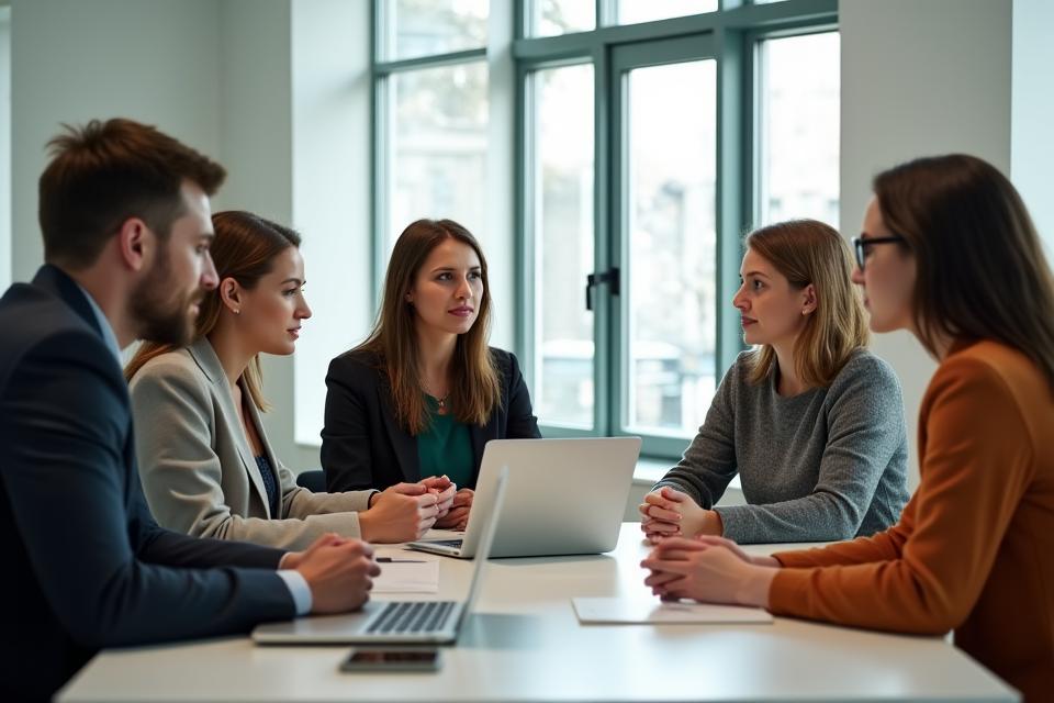 A diverse group of professional adults discussing calmly and constructively in a modern office space, emphasizing communication and emotional intelligence.