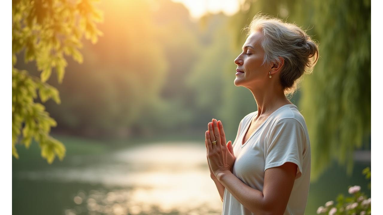 A serene woman aged 40-50, meditating peacefully outdoors in gentle sunlight, representing mental wellness and calm.