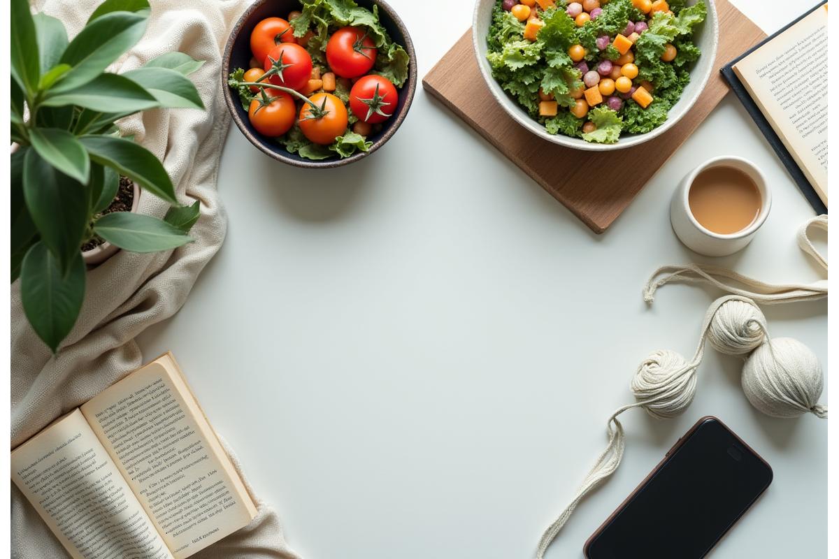 A balanced composition featuring elements of daily life like a smartphone, a book, a plant, and a teacup, subtly arranged to suggest mindful living in a sophisticated home environment.