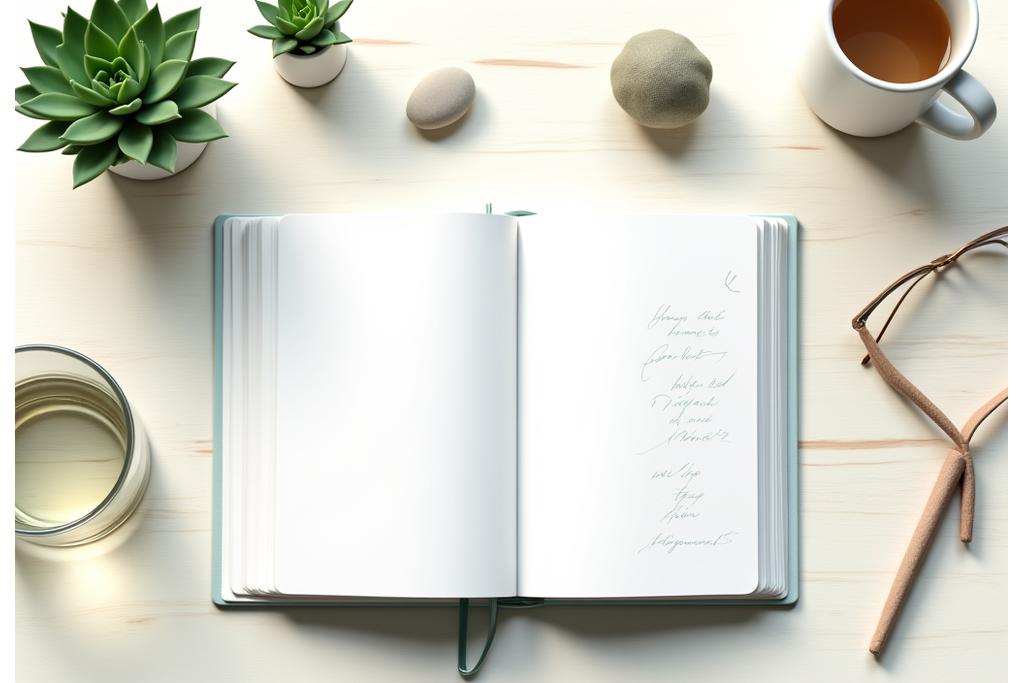 A minimalist desk setup with a planner, journal, and a cup of herbal tea, symbolizing organized self-care and mental well-being.