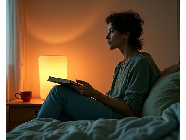 Person creating a calming pre-sleep routine with dim lights and a book